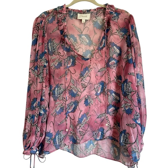 CLEOBELLA EMILY LOTUS PRINTED CHIFFON TIE NECK PINK BLOUSE SIZE MEDIUM - Picture 4 of 14